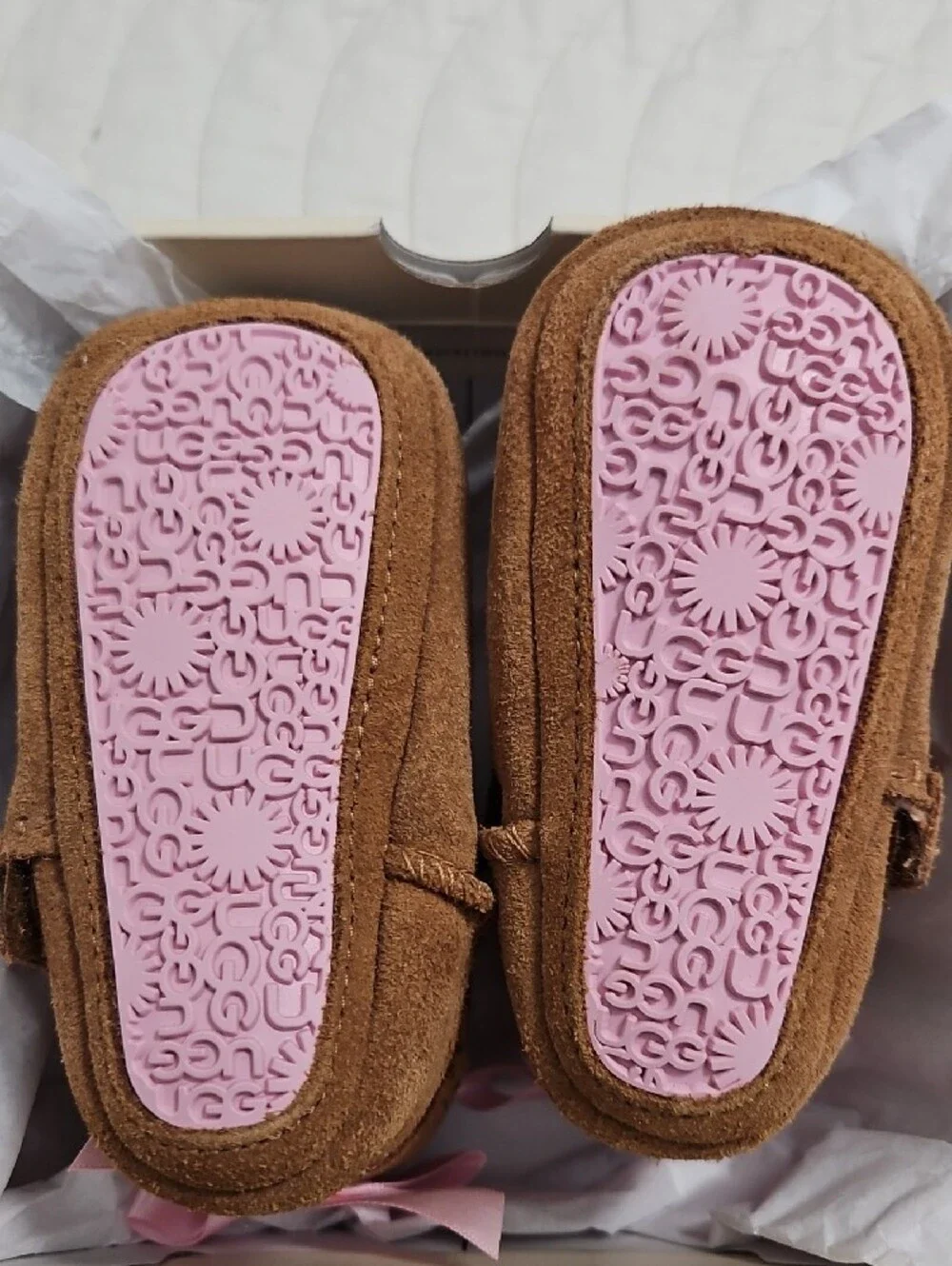 UGG Chestnut Suede Baby Booties with Pink Bows